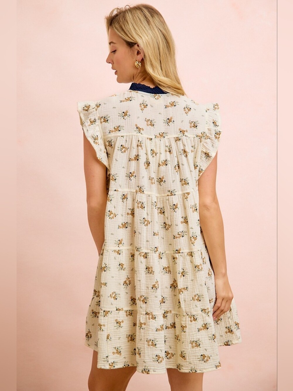 BiBi Floral Multi-tierd Dress With Ruffles And Front Tie- Cream Navy - Picture 5 of 13